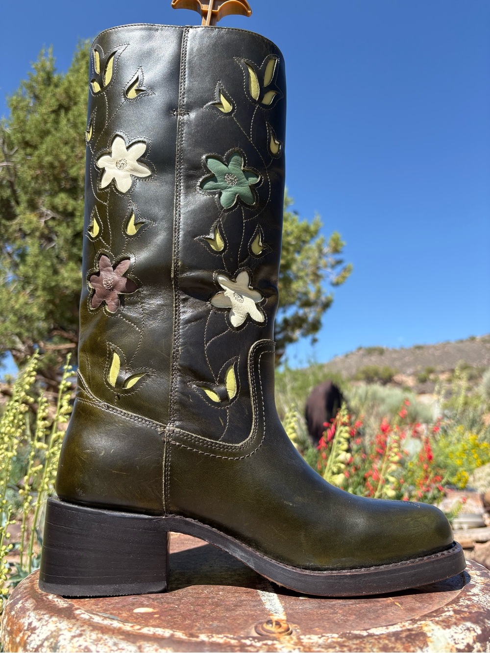 NWOT FRYE x Anthropologie Campus 14L Green Floral Cutout Boots - Picture 2 of 16